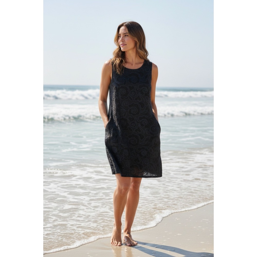 Lungo L'Armo 100% Linen Dress Women M Black Embroidered Sleeveless Made In Italy